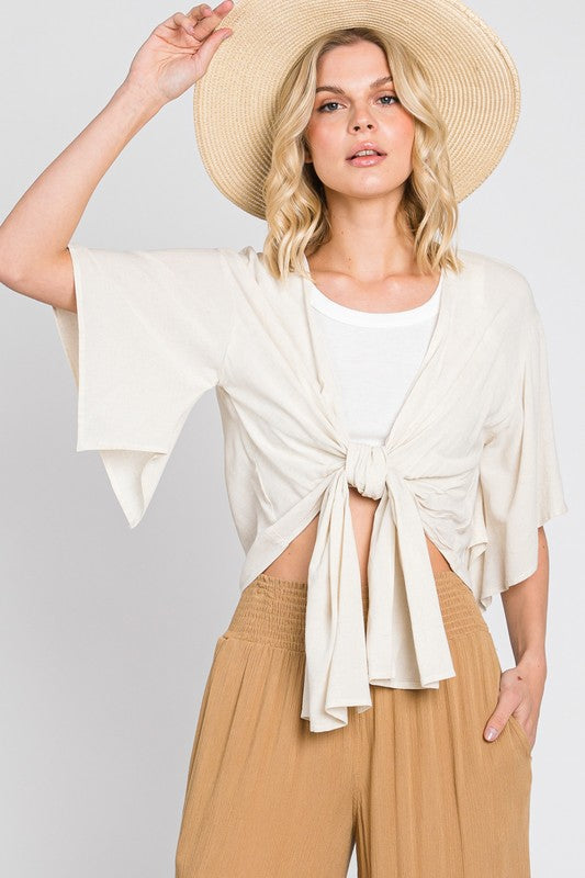 Linen Tie Front Kimono in Cream