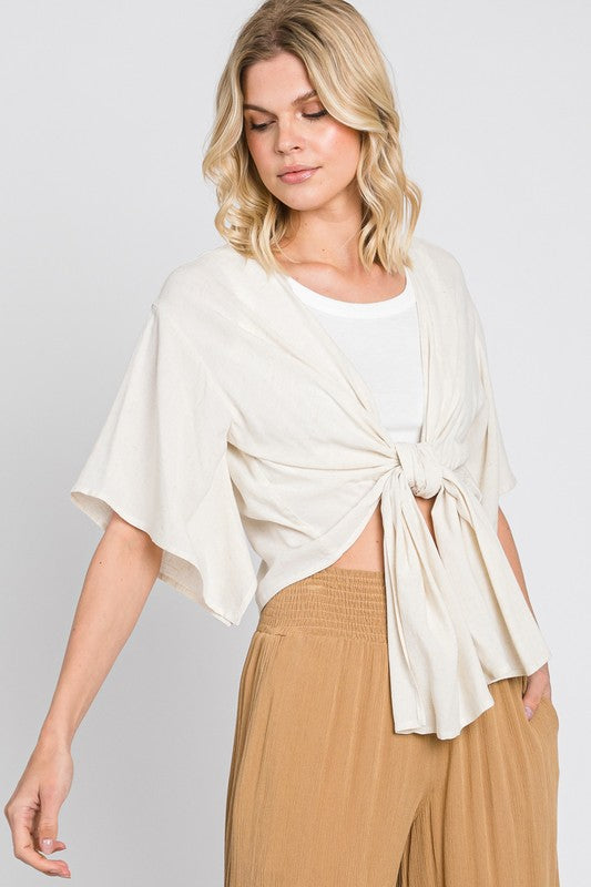Linen Tie Front Kimono in Cream