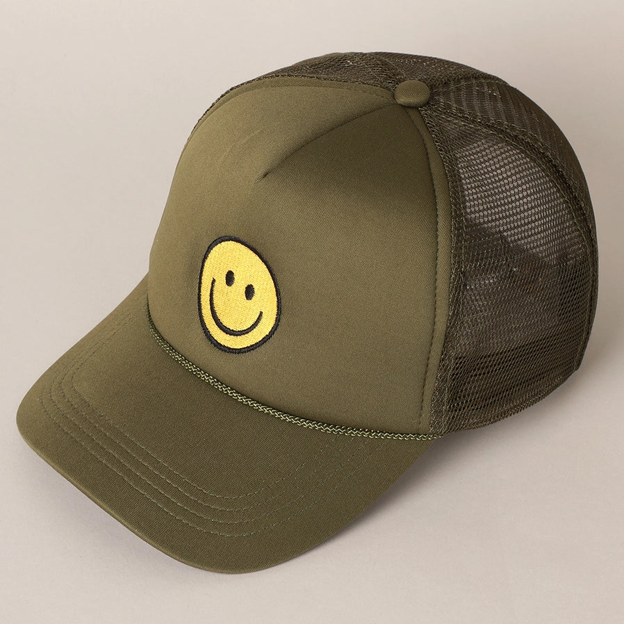 Smiley Face Trucker Hat in Olive Green