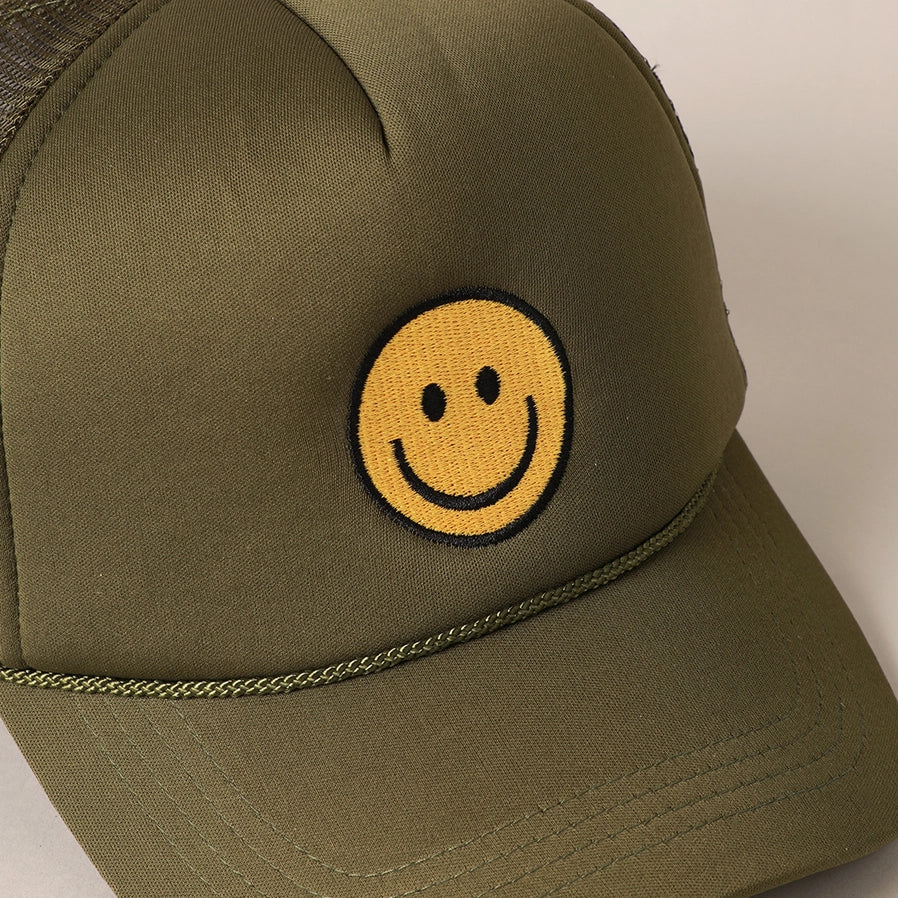 Smiley Face Trucker Hat in Olive Green