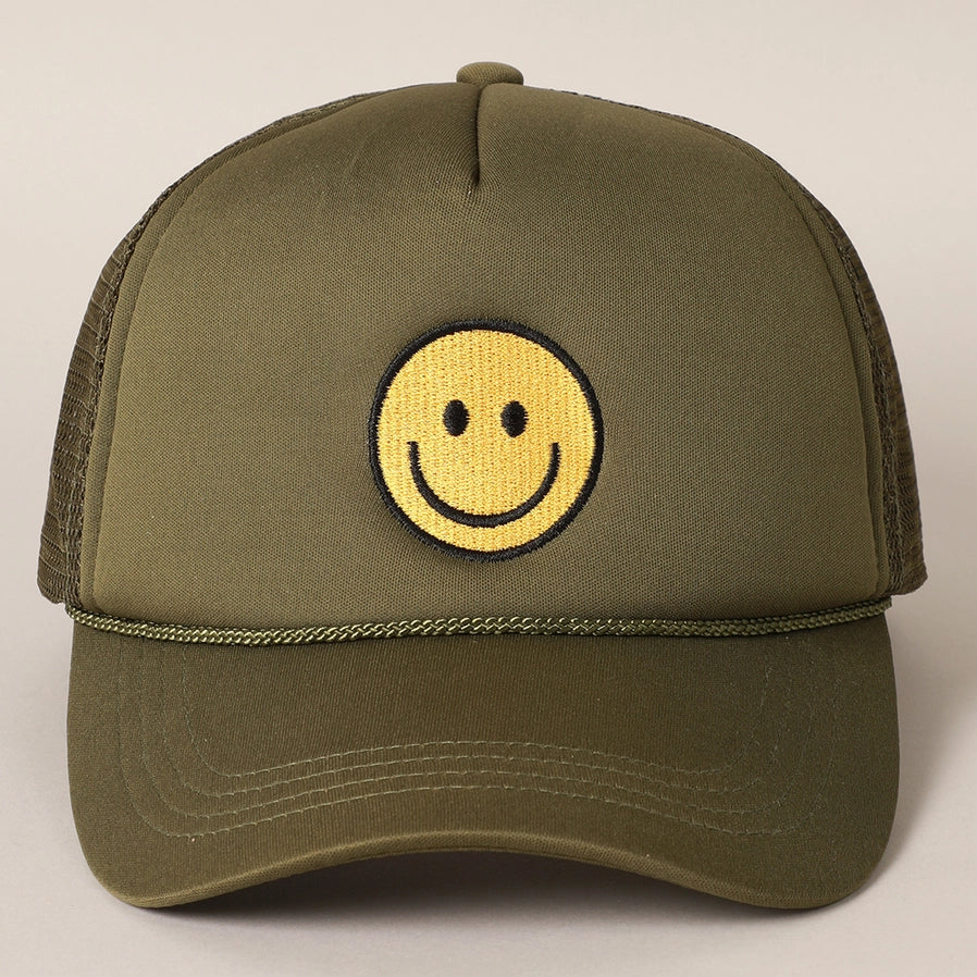 Smiley Face Trucker Hat in Olive Green