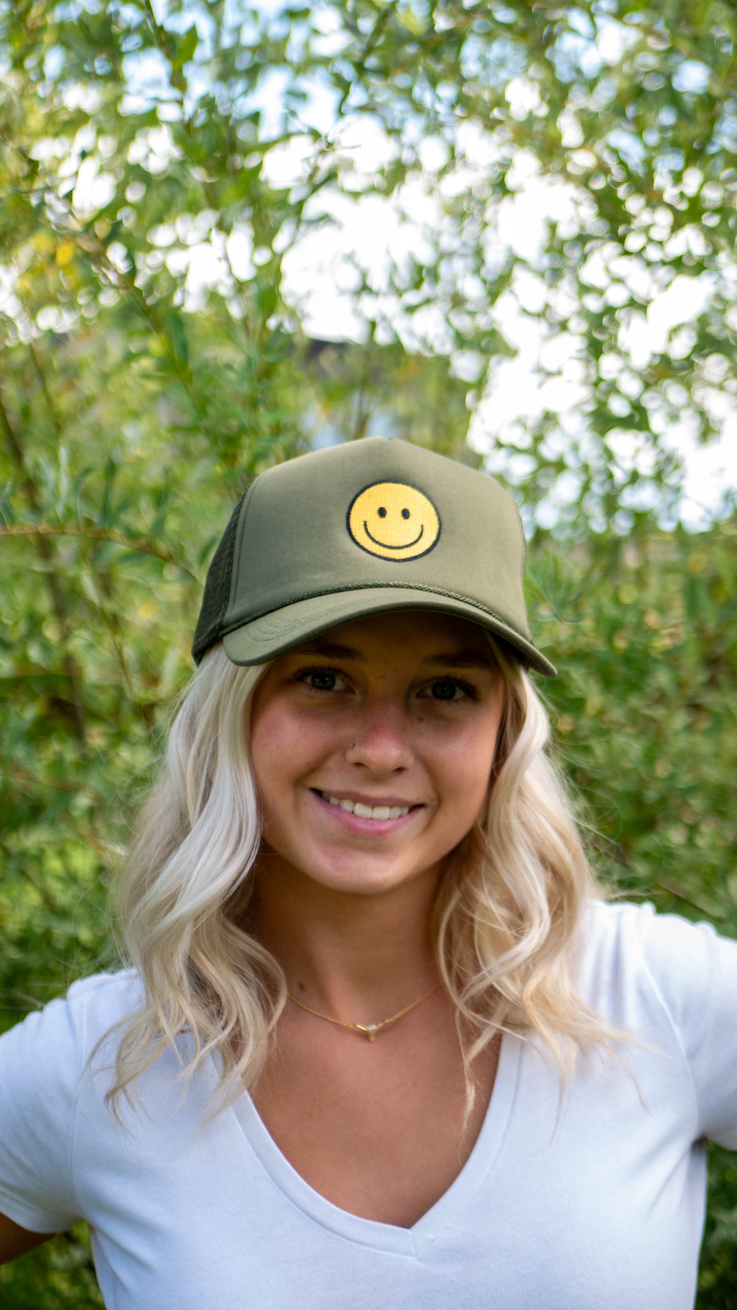 Smiley Face Trucker Hat in Olive Green