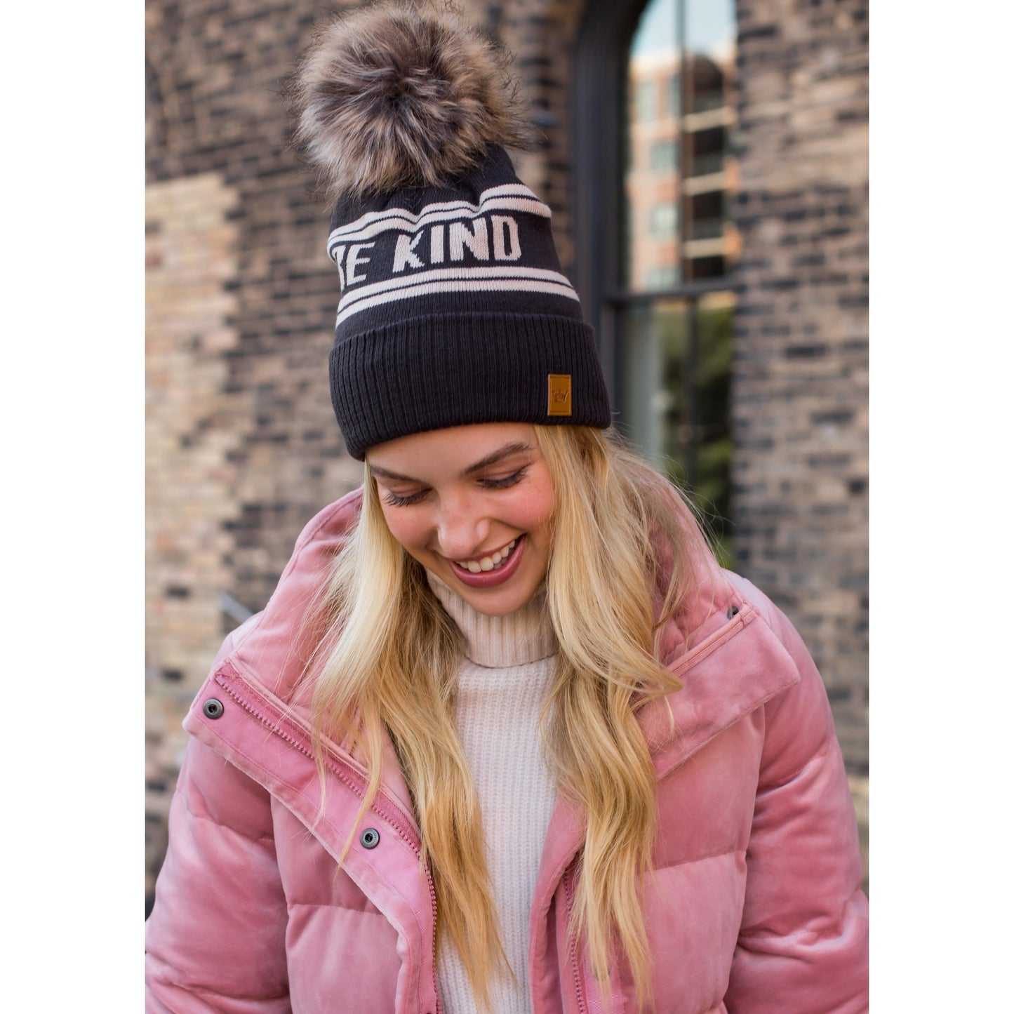 Be Kind Pom Beanie in Dark Brown