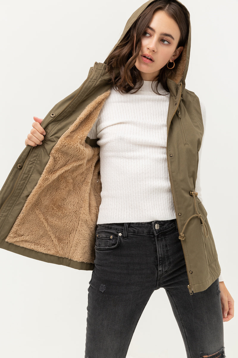 Faux Fur Hooded Vest in Olive