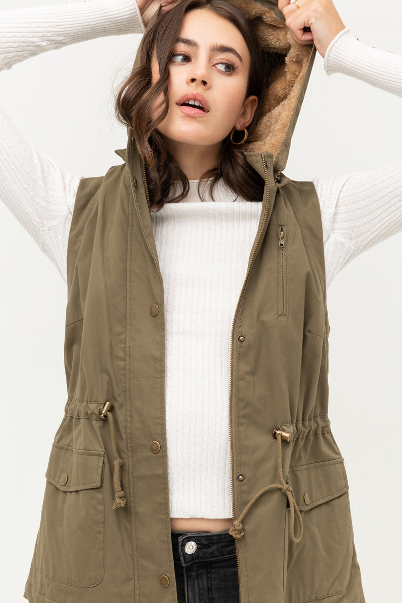 Faux Fur Hooded Vest in Olive
