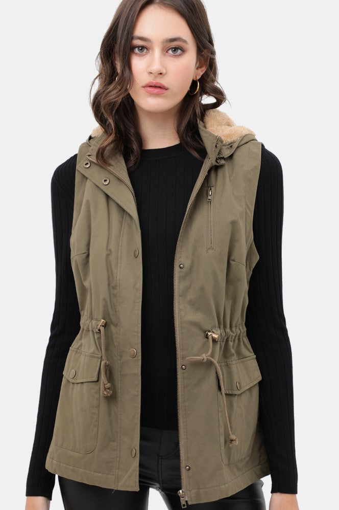 Faux Fur Hooded Vest in Olive