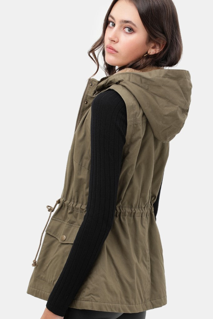 Faux Fur Hooded Vest in Olive