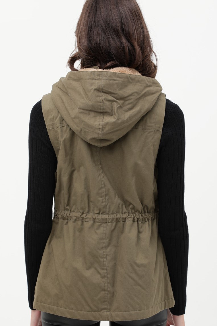 Faux Fur Hooded Vest in Olive