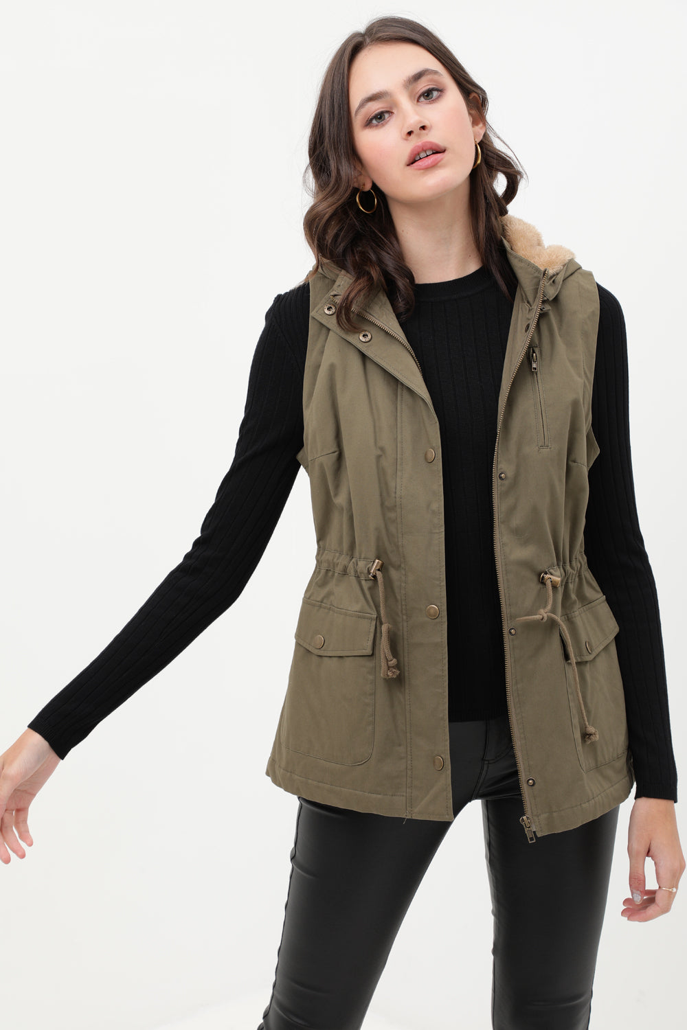 Faux Fur Hooded Vest in Olive