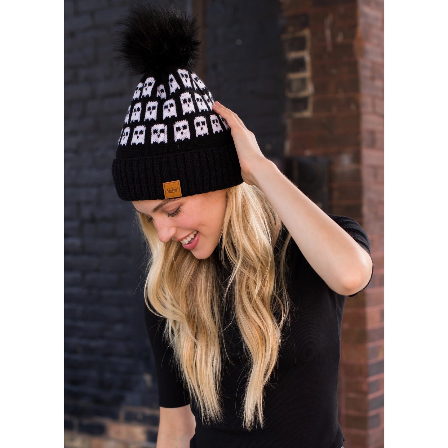 Ghost Pattern Pom Beanie