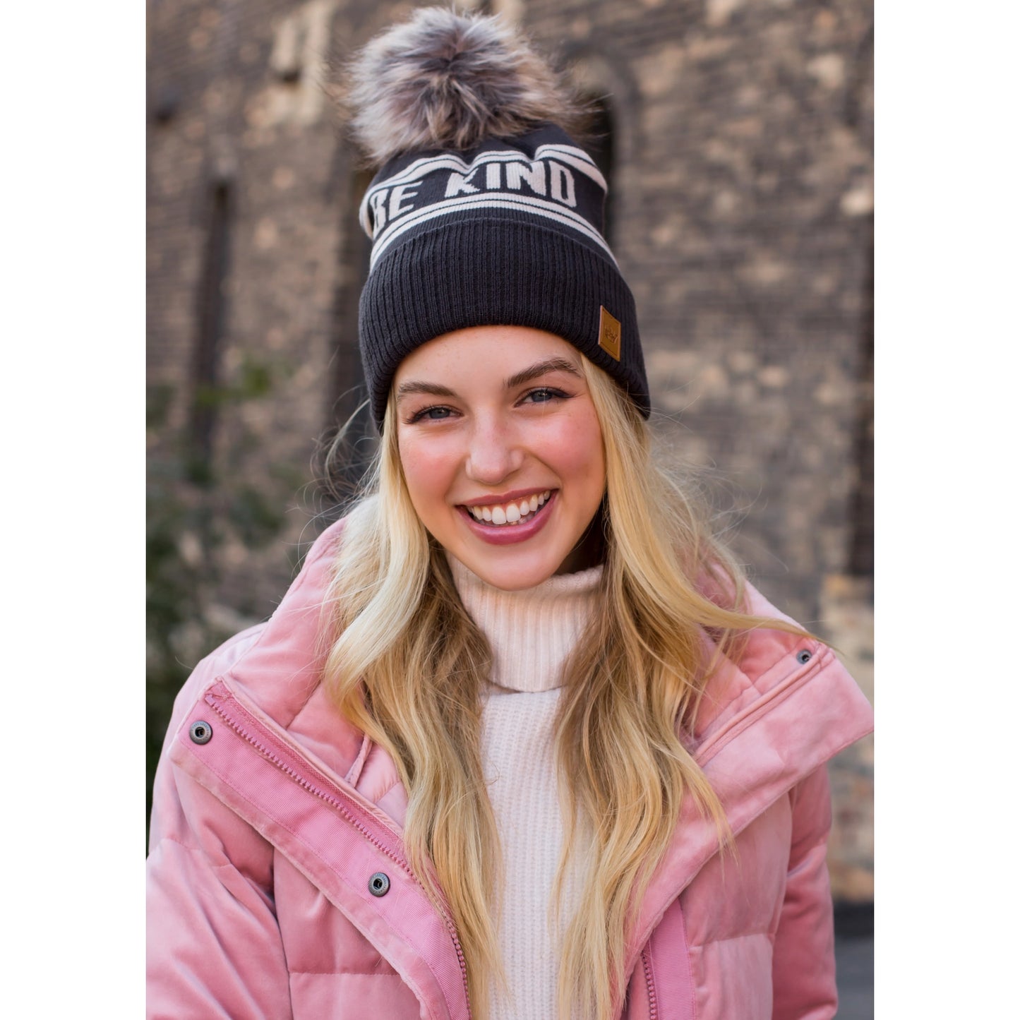 Be Kind Pom Beanie in Dark Brown