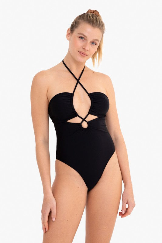 Cut Out Halter Neck One-Piece Swimsuit in Black