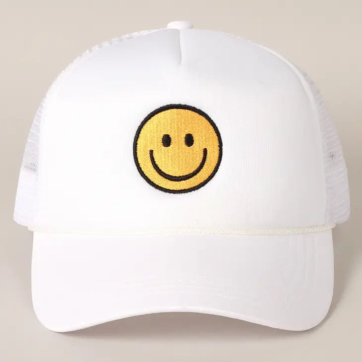 Smiley Face Trucker Hat in White