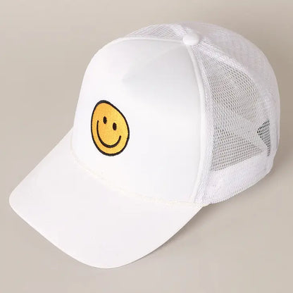 Smiley Face Trucker Hat in White