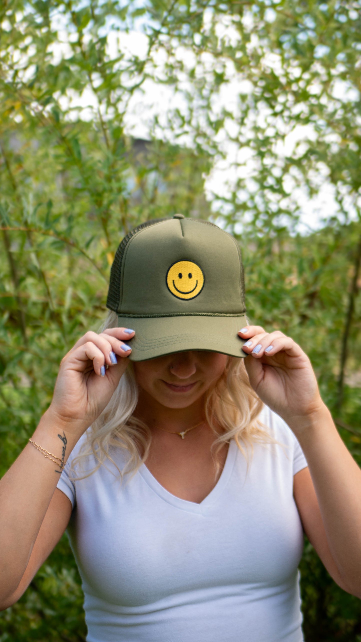 Smiley Face Trucker Hat in Olive Green