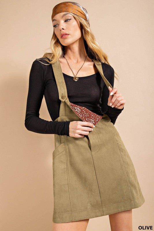 Suede Overall Skirt in Olive Green