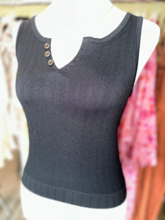 Ribbed Button Tank in Black