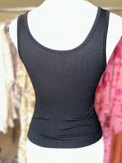 Ribbed Button Tank in Black